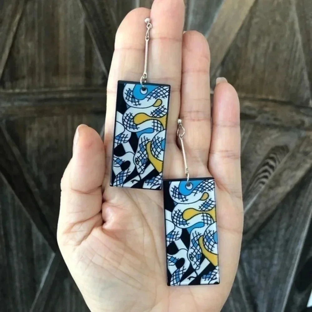 Snakes Retro Pop Asian Anime Style Rectangle Resin Drop Earrings B NWT